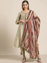 Women Dupion Silk Jacquard Kurta with Trousers & Dupatta ( JOKS D39OW 1482 Beige )-JOKS-D39OW-1482