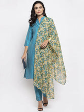 Women Blue & Green Self-Striped Kurta with Trousers & Floral Georgette Dupatta ( JOKS D3B 1310 Blue )-JOKS-D3B-1310