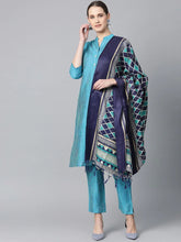 Women Blue & Green Self-Striped Kurta with Trousers & Dupatta ( JOKS D4B 1310 Blue )-JOKS-D4B-1310