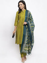 Women Green Self-Striped Kurta with Trousers & Art Silk Dupatta ( JOKS D4G 1310 Green )-JOKS-D4G-1310