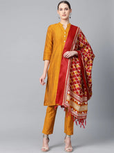 Women Mustard & Red Self-Striped Kurta with Trousers & Dupatta ( JOKS D4Y 1310 Yellow )-JOKS-D4Y-1310