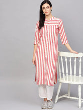 Women Red & Off-White Striped Cotton Straight Kurta ( JOK 1204 Red )-JOK-1204