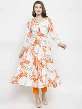 DesiQlo Women White & Orange Floral Printed Rayon Flared Kurta ( JOK 1212 Orange )