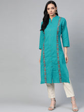 Women Green Embroidered Detail Straight Kurta