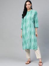 Women Green & White Ikkat Print Straight Kurta ( JOK 1270 Sky )-JOK-1270