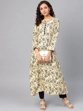 Women Cream-Coloured & Navy Blue Printed A-Line Kurta ( JOK 1277 Cream )-JOK-1277