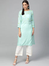 Women Blue Yoke Design Straight Kurta ( JOK 1293 Aqua )-JOK-1293