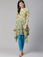 Women Beige & Blue Floral Printed A-Line Kurta (JOK 1322 Blue)-JOK-1322