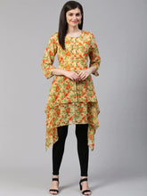 Women Beige & Orange Floral Printed A-Line Kurta(JOK 1322 Orange)-JOK-1322
