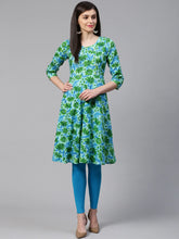 Women Blue & Green Floral Print Angrakha A-Line Kurta (JOK 1333 Blue)-JOK-1333