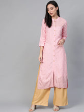 Women Pink & Gold-Toned Printed Straight Kurta