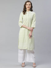 Women Lime Green & White Chikankari Embroidered Kurta with Palazzos ( JOKPL C-W 1351 Green )-JOKPL-C-W-1351