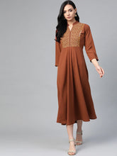 Women Brown Embroidered Yoke Design A-Line Kurta ( JOK 1352 Brown)-JOK-1352
