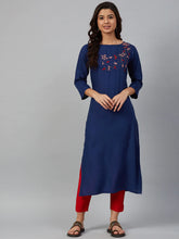 Women Blue & Pink Yoke Embroidered Straight Kurta ( JOK 1354 Blue )-JOK-1354