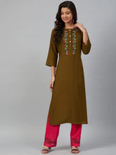 Women Olive Brown & Pink Yoke Embroidered Straight Kurta ( JOK 1355 Golden )-JOK-1355