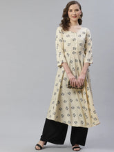 Women Off-White & Black Floral Printed A-Line Kurta ( JOK 1357 Cream )-JOK-1357