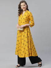 Women Yellow & Black Floral Printed A-Line Kurta ( JOK 1358 Mustard )-JOK-1358