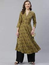 Women Olive & Black Floral Printed A-Line Kurta ( JOK 1358 Olive )-JOK-1358