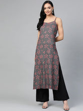 Women Charcoal Grey & Pink Printed Straight Kurta ( JOK 1363 Grey )-JOK-1363