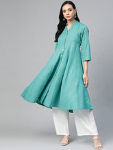 ompers Women Green & White Woven Design Jacquard A-Line Kurta ( JOK 1364 Rama )-JOK-1364
