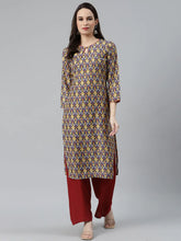 Women Blue & Yellow Geometric Printed Keyhole Neck Kurta ( JOK 1367 Navy )-JOK-1367