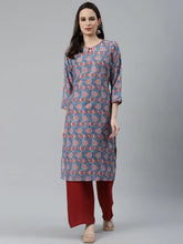 Women Blue & Red Ethnic Motifs Printed Keyhole Neck Kurta ( JOK 1367 Sky )-JOK-1367