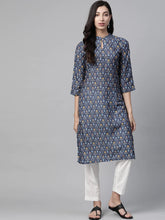Women Blue & Yellow Floral Printed Keyhole Neck Floral Kurta ( JOK 1368 Navy )-JOK-1368