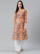 Women Orange & Blue Floral Printed Keyhole Neck Floral Kurta ( JOK 1368 Orange )-JOK-1368
