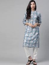 Women Blue & White Floral Printed Keyhole Neck Floral Kurta ( JOK 1368 Sky )-JOK-1368