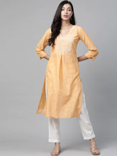 Women Yellow Pure Cotton Striped Pleated Kurta ( JOK 1369 Orange )-JOK-1369
