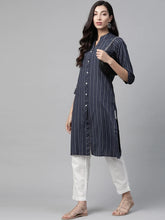 Women Navy Blue & White Striped Indigo Fusion Kurta ( JOK 1371 Blue )-JOK-1371