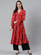 Women Coral Red & Black Ethnic Motifs Printed Angrakha Anarkali Kurta ( JOK 1374 Pink )-JOK-1374
