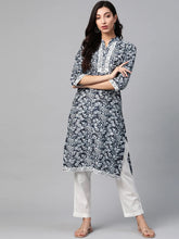 Women Navy Blue & Off White Ethnic Motifs Printed Kurta ( JOK 1375 Blue )-JOK-1375