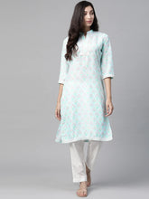 Women Sky Blue & Off White Floral Printed Kurta ( JOK 1375 Sky )-JOK-1375