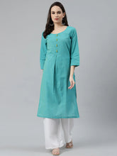Women Blue Woven Design Pure Cotton Straight Pleated Kurta ( JOK 1376 Blue )-JOK-1376