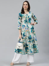 Women Off White & Blue Floral Printed Floral Anarkali Kurta ( JOK 1377 Blue )-JOK-1377