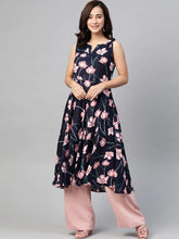 DesiQlo Women Navy Blue & Pink Floral Printed A-Line Kurta ( JOK 1380 Blue )