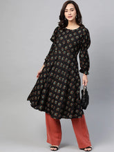 DesiQlo Women Black & Mustard Yellow Floral Printed A-Line Kurta ( JOK 1381 Black )