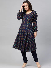 DesiQlo Women Navy & Mustard Yellow Floral Printed A-Line Kurta ( JOK 1381 Navy )