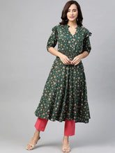 DesiQlo Women Green & Pink Floral Printed Floral Anarkali Kurta ( JOK 1386 Green )