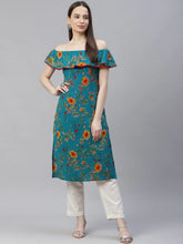 DesiQlo Women Rama-Green & Yellow Floral Printed Straight Kurta ( JOK 1387 Green )