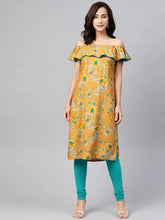 DesiQlo Women Mustard Yellow & Teal Blue Floral Printed Straight Kurta ( JOK 1387 Mustard )