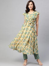 DesiQlo Women Beige, Blue & Green Floral Printed Georgette Kurta ( JOK 1388 Blue )
