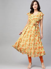 DesiQlo Women Beige, Orange & Green Floral Printed Georgette Kurta ( JOK 1388 Orange )