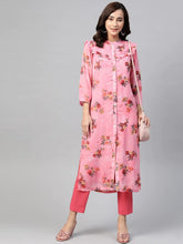 DesiQlo Women Pink & Olive Green Floral Printed Frills Straight Kurta ( JOK 1390 Pink )
