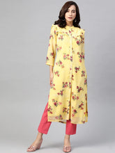 DesiQlo Women Yelloe & Pink Floral Printed Frills Bows and Ruffles Straight Kurta ( JOK 1390 Yellow )