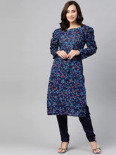 DesiQlo Women Navy Blue & Red Floral Printed Floral Straight Kurta ( JOK 1392 Blue )