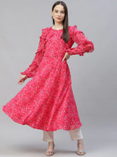 Women Pink Ditsy Floral Printed Floral Georgette Anarkali Kurta with Frills ( JOK 1394 Pink )