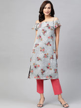 DesiQlo Women Grey & Pink Floral Printed Off-Shoulder Floral Kurta ( JOK 1397 Grey )