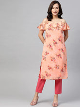 DesiQlo Women Peach-Coloured & Grey Floral Print Off-Shoulder Straight Kurta ( JOK 1397 Orange )
